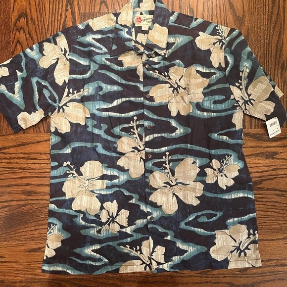 NWT  Vintage Hilo Hatties Shirt Mens navy Blue Hawaiian Short Sleeve Made In US - Picture 1 of 6